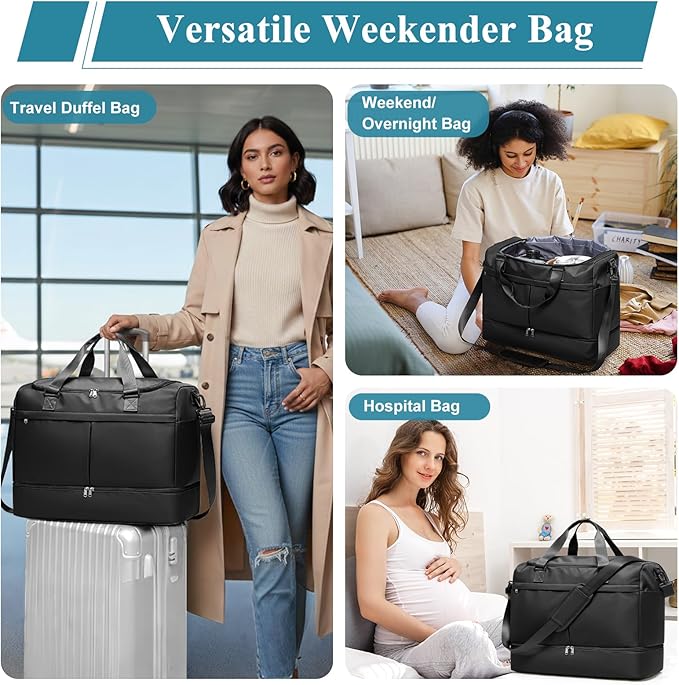 Weekender Bags for Women - 50L Large Travel Duffle Bag with Shoe Compartment - Carry on Overnight Bag for Travel, Weekend Getaway, Gym, Hospital