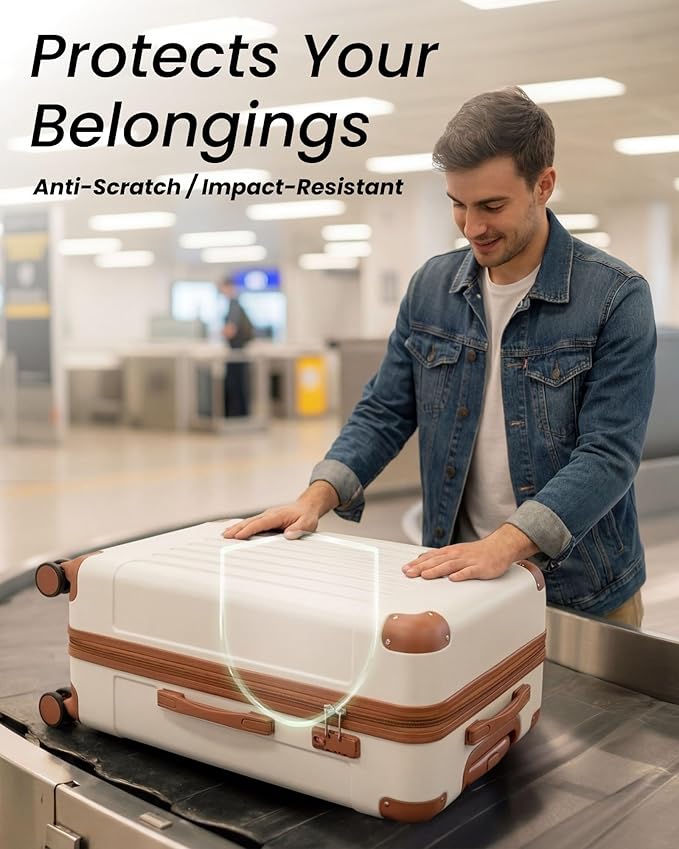 28 Inch Luggage with Spinner Wheels, Hardside Suitcase with Wheels, TSA Approved, White Brown