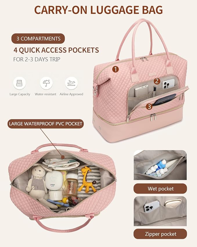 Duffle Bag for Women Travel, Weekender Bag Overnight Bag with Shoe Compartment, Carry on Bag with Crossbody Purse for Over Night, Weekend, Yoga, Gym, Business Trips, Hospital, Pink