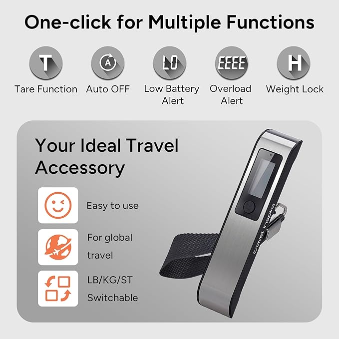 travel inspira Luggage Scale, Portable Digital Hanging Baggage Scale for Travel, Suitcase Weight Scale with Rubber Paint, 110 Pounds, Battery Included
