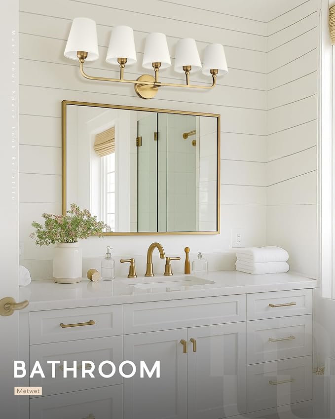 5-Light Brushed Gold Bathroom Vanity Light, Beige Fabric Shades | Ideal for 40-52" mirrors, 35" bathroom light fixtures over mirror, upward only, E26 base, bulbs not included, VL837-BG-B-5
