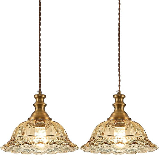 HDDFL Glass Pendant Lights Modern Pendant Lighting Fixtures Hanging Lamp for Kitchen Island Bedroom Dining Room Coffee Shop Hallway Amber and Brass 2 Pack