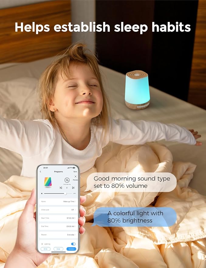 Momcozy Smart Baby White Noise Sound Machine with App Control & Night Light | Toddler Sleep Trainer with 34 Soothing Sounds, Timer, Custom Personal Sleep Routine, Wood Grain