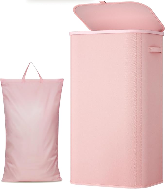 Lifewit 105L Large Laundry Basket with Lid, Laundry Hamper with Plastic Handles and Removable Bag, Foldable Tall Dirty Clothes Hampers for Laundry for Laundry Room, Bedroom, Bathroom, Dorm, Pink
