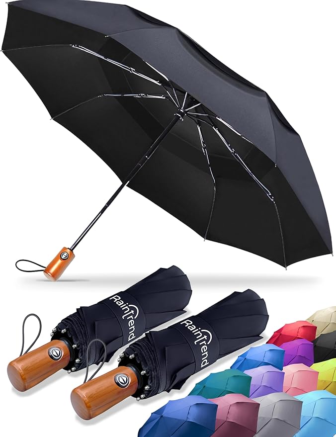 Raintrend Windproof Travel Umbrellas for Rain Automatic +10% Bigger Canopy Strong Frame Compact Folding Portable Umbrella for Women Men Backpack Purse