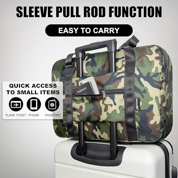 Small Duffle Bag for Men Women, Mini Gym Bag Foldable Travel Tote Carry On Luggage with Trolley Sleeve, Green Camo
