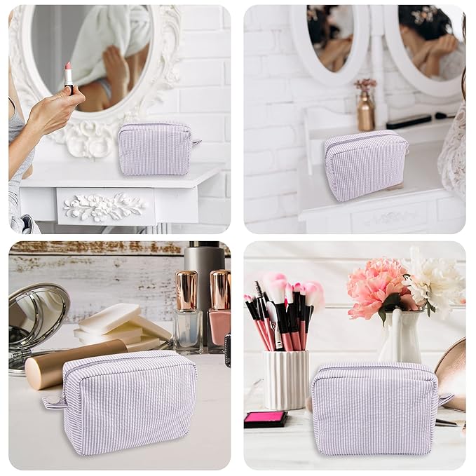 GFU Cosmetic Bags for Women, Seersucker Cosmetic Bag, Travel Toiletry Stripe Makeup Bag, Large Women Aesthetic Organizer Storage Pouch, Girls Handbags Purses,Purple