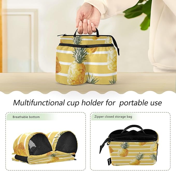 Summer Yellow Striped Pineapples Luggage Cup Holder Travel Portable Free Hand Drink Carrier Suitcase Drinks Beverage Holder Carry-On Bottle Mug Holder Organizer Bag Travelers Accessories