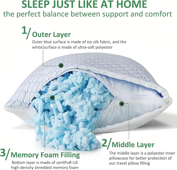 Gehannah Travel Pillow - Large 2 Pack Compressible Camping Pillow for Sleeping - Shredded Memory Foam with 2 Storage Bags - Supportive for Adults, Kids, Outdoor, Backpacking, Hiking Gear