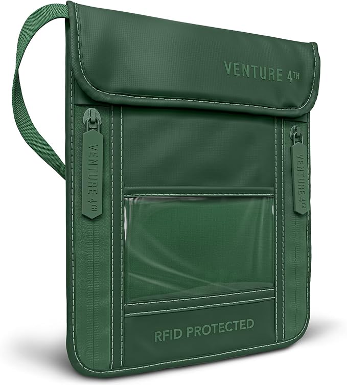 VENTURE 4TH Neck Wallet for Women & Men – RFID Blocking Passport Holder for Travel, Hidden Neck Pouch with 6 Compartments, Slim Lightweight Travel Organizer with Adjustable Strap (Sleek Green)