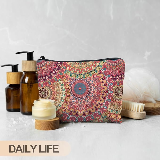 Boho Mandala Floral Makeup Bag, Bohemian Ethnic Mandala Flower Cosmetic Bags Toiletry Bag for Women, Hippie Flower Makeup Bag, Floral Makeup Pouch