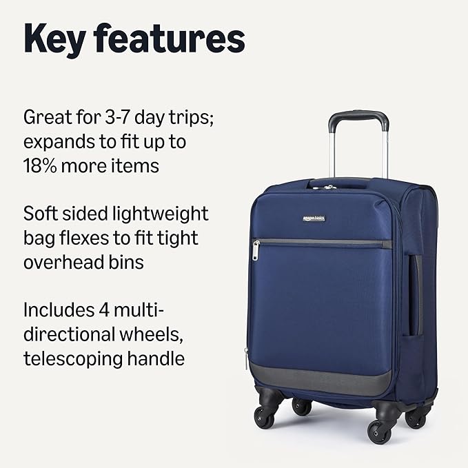 Amazon Basics 18" Medium Carry-On Softside Expandable Luggage Suitcase with Wheels, Four 360-Degree Spinner Wheels, Zippered Pockets, Telescopic Handle, Navy Blue
