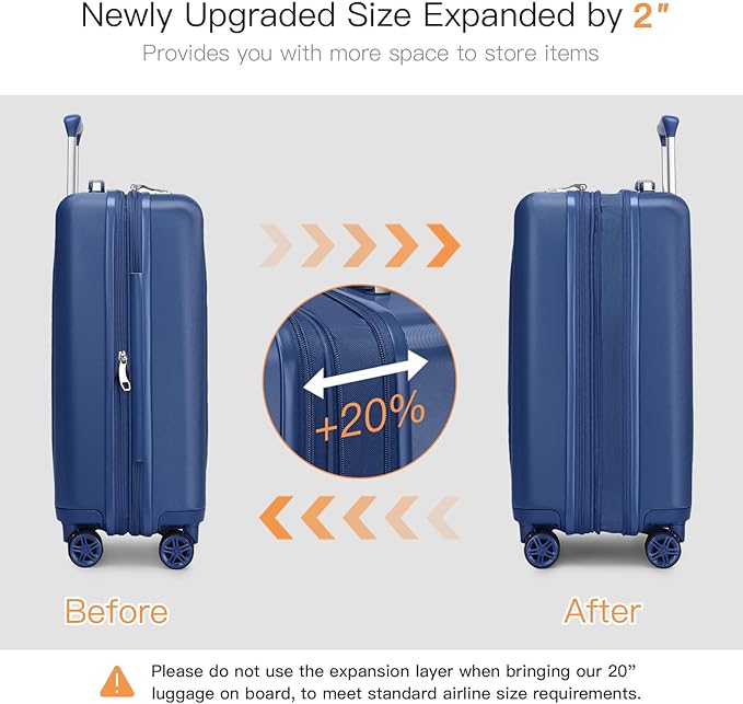 Kono Small 20 Inch Expandable Carry On Luggage with Quiet Spinner Wheels & TSA Lock, Scratch and Drop Resistant PC+ABS Hardside 22x14x9 Airline Approved Suitcase, Navy Blue