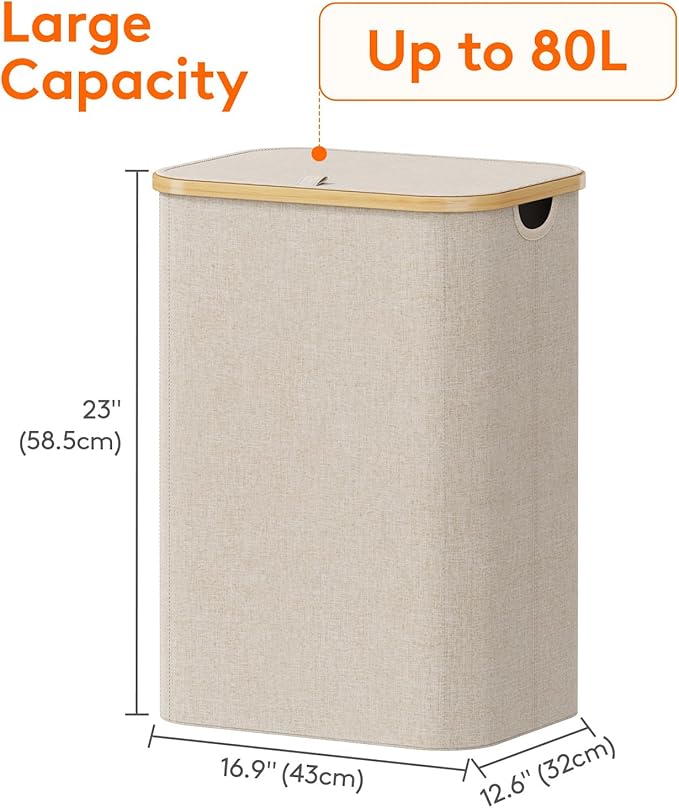 Lifewit 80L Laundry Basket with Lid, Clothes Hampers for Laundry with Bamboo Handles and 1 Removable Bag, Large Foldable Laundry Hamper for Bedroom, Bathroom, Dorm, Laundry Room, Beige