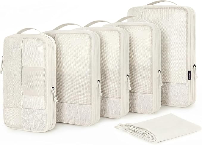 BAGSMART Compression Packing Cubes for Travel, 6 Set Packing Cubes for Carry on Suitcases, Compression Travel Cubes & Suitcase Organizer for Packing with Shoe Bag Light Beige