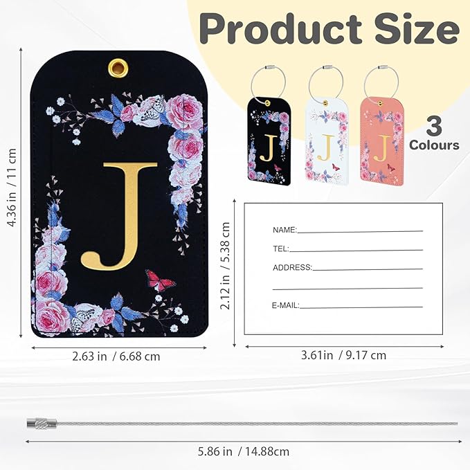 3 Pack Luxury Floral Luggage Tags, Durable PU Leather Suitcase Tags with Stainless Steel Cable Strap, Hidden ID Slot for Privacy Protection, Easy to Identify Waterproof Travel Accessories Gift (J)