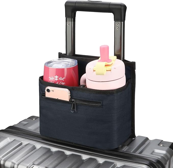 ZHCHG Luggage Travel Cup Holder Attachment for Suitcase Drink Carrier Caddy, Coffee Mug and Tumblers, Traveler Carry on Hands Free Accessory- Gifts for Flight Attendants Travelers Accessories- Navy