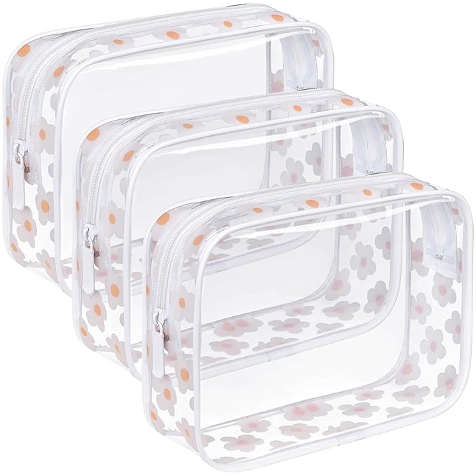 F-color TSA Approved Toiletry Bag 3 Pack Medium - Clear Makeup Bag Travel Quart Size for Women Men, Clear Cosmetic Bag Airport Airline Compliant Carry on Bag, Flower Print