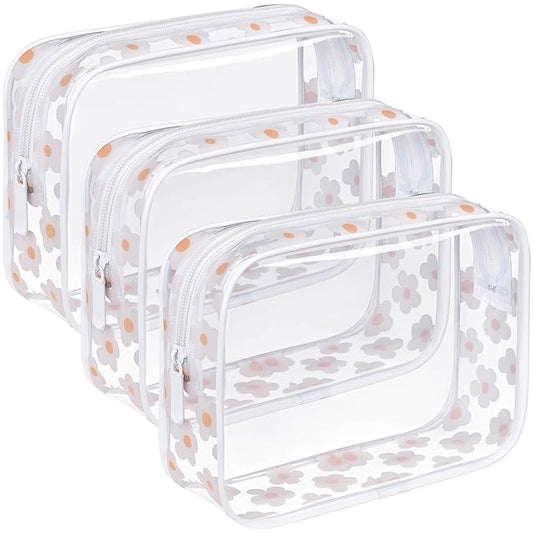 F-color TSA Approved Toiletry Bag 3 Pack Medium - Clear Makeup Bag Travel Quart Size for Women Men, Clear Cosmetic Bag Airport Airline Compliant Carry on Bag, Flower Print
