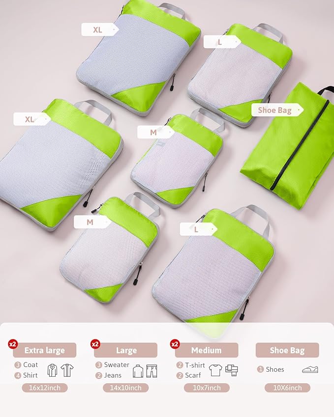 Meowoo 7 Set Compression Packing Cubes for Travel, Durable Ripstop Mesh Suitcase Organizer with Shoe Bag, Ultralight & Expandable Space Saver Travel Cubes