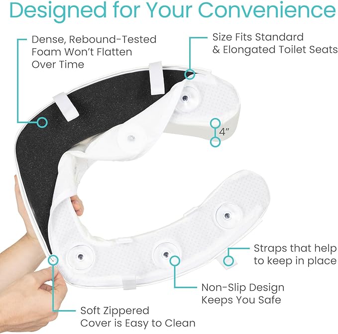 Vive Toilet Seat Riser Cushion for Seniors - Universal Fit - Raised Toilet Seat with High-Density Foam for Elongated & Standard - Firm Handle, Cushioned & Padded - Elevated Medical Handicap Lifter