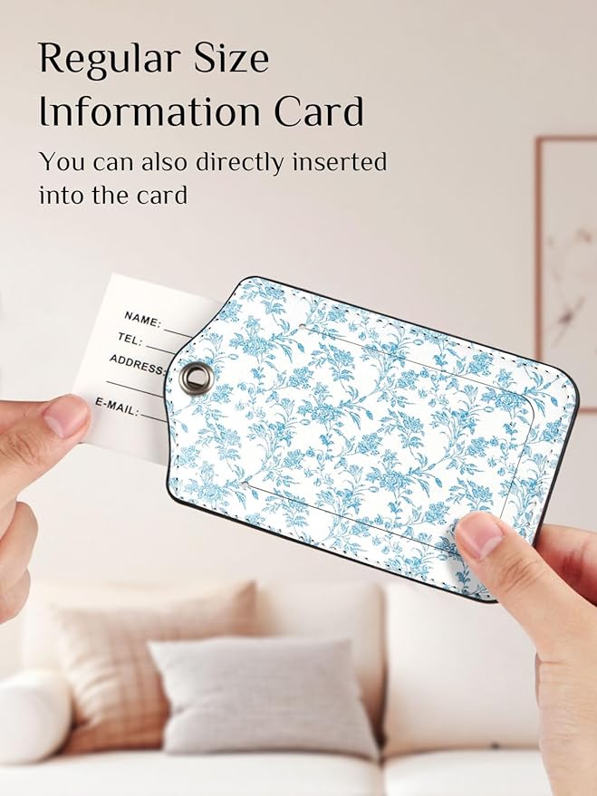 Seorsok 2Pcs Luggage Travel Tags for Suitcases,Elegant Sage Blue Floral PU Leather Name Tag with Privacy Cover&ID Label Address Card and Durable Metal Ring Suitable for Men Women Handbags Backpack