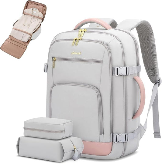 LOVEVOOK Travel Backpack for Women, 50L Carry On Backpack Flight Approved with Garment Bag, Personal Item Travel Bag Fit 17 Inch Laptop, Business Weekender Overnight Daypack With 2 Cubes, Pink-Grey