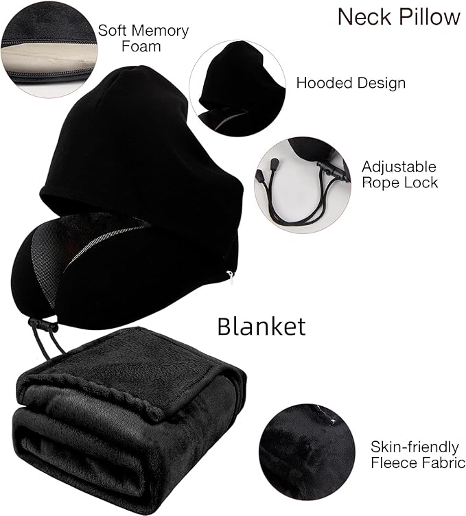 Travel Blanket Pillow Set - Travel Neck Pillow & Blanket for Airplane, Thick Fleece Plane Blanket, Hooded Memory Foam Neck Pillows, Foldable Duffel Bag, Sleep Mask, Earplugs for Plane Traveling, Black