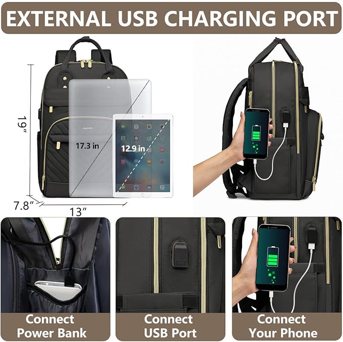 Laptop Backpack for Women Work Bag - Fits 17.3 Inch Laptop Bag Travel Work Backpack Anti-theft Bags with USB Charging Business Computer Waterproof Backpack Purse for Nurse Teacher Black