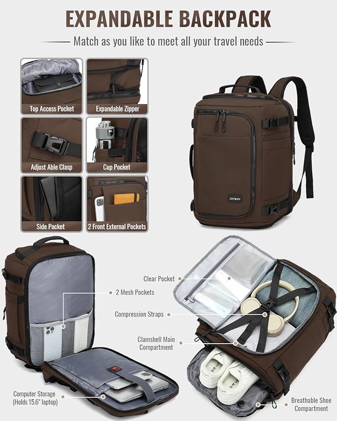 Joyway Luggage Sets 4 Piece with Spinner Wheels, Carry On Luggage 20In with ABS+PC Hardshell, Lightweight Suitcase Set with Travel Backpack and Pressure-resistant Frame, 20/24/28 Inch, Coffee