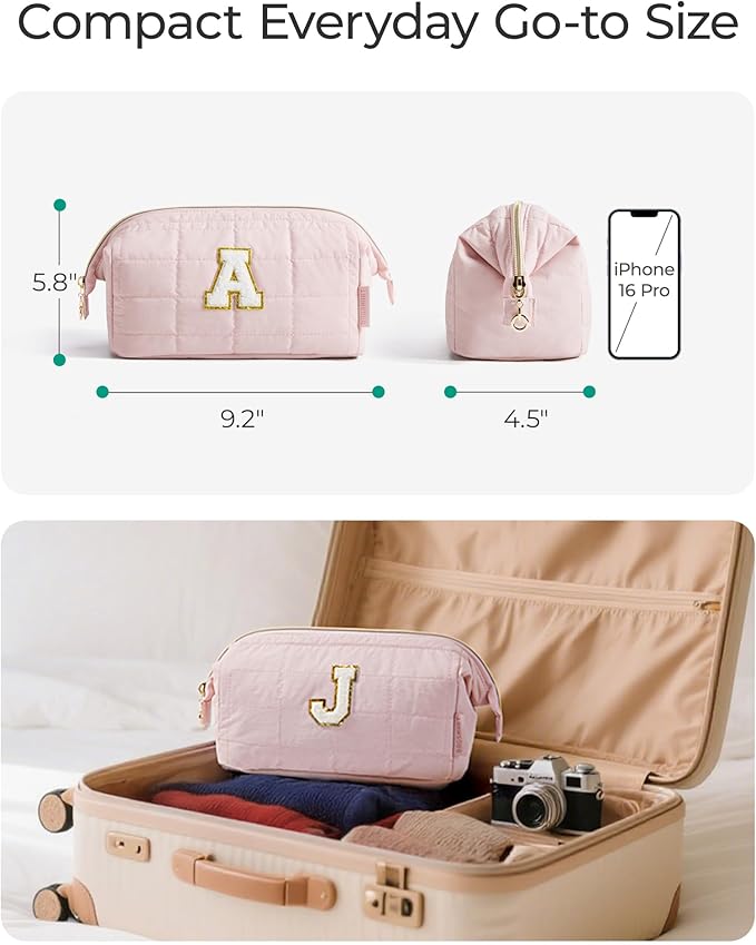 BAGSMART Birthday Gifts Personalized Initial Makeup Bag, Trendy Stuff Gifts for Women Bridesmaid Graduation, Puffy Padded Make Up Bags for Women, Wide-open Toiletry Bag, Pink B
