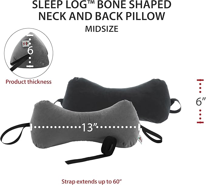 Core Products Sleep Log Bone Shaped Chiropractic Neck and Back Pillow for Cervical Support, Adjustable Firmness, Midsize - Travel or Use at Home, 13" x 6" x 6", 60" Strap