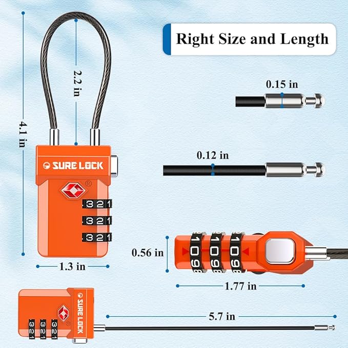SURE LOCK TSA Approved Luggage Locks – 3-Digit Combination Cable Lock with Red Indicator, Large Dial & Easy-Press Button for Suitcases and Backpacks – Multi-Pack & Color Options