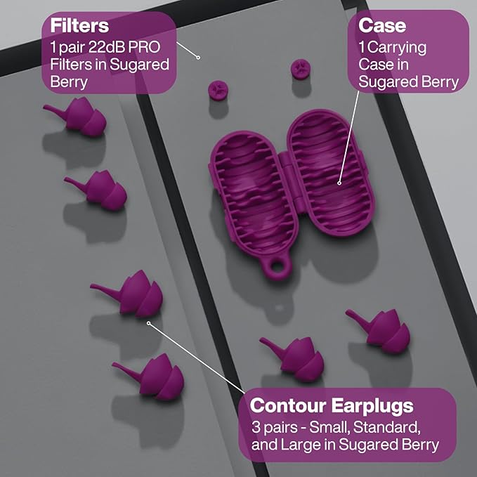 EARPEACE Everyday Noise Control & Noise Reduction Ear Plugs - High-Fidelity Earplugs, Comfortable & Reusable Earplugs for Travel, Sleep, Work, Snoring Blocking, Includes Carrying Case - Sugared Berry
