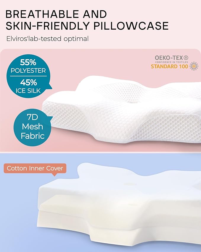 Elviros Cervical Memory Foam Pillows for Neck and Shoulder Pain, Neck Pillow for Sleeping, Side Sleeper Pillows for Adults, Ergonomic Orthopedic Sleeping for Back and Stomach Sleepers (Medium Firm)