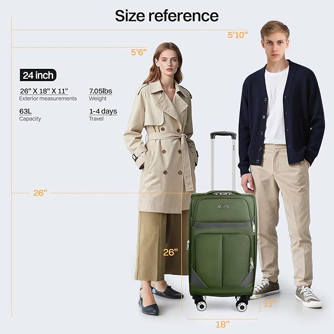 24'' Softside Expandable 15% Rolling Luggage with Double Spinner Wheels & w/LOCK,Lightweight Travel Luggage for Men Women（Green-Grey,24in）