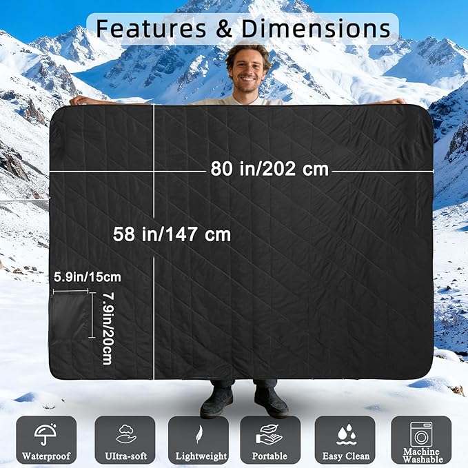 Large Waterproof Outdoor Camping Blanket, 80 x 58 inch Fleece Picnic Blankets Windproof Travel Stadium Blanket for Beaches Pets Car Camp Picnic Mat for Both Cold & Warm Weather