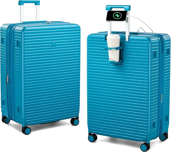 HanTrip 28 Inch Luggage Hard Shell Suitcases, Expandable Travel Checked Luggage 28 Inch, Large Check In Luggage with Spinner Wheels Cup Holder Charger Built in Lightweight Suitcase, Caribbean Blue