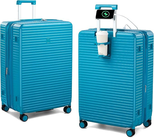 HanTrip 28 Inch Luggage Hard Shell Suitcases, Expandable Travel Checked Luggage 28 Inch, Large Check In Luggage with Spinner Wheels Cup Holder Charger Built in Lightweight Suitcase, Caribbean Blue