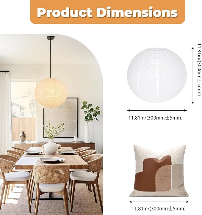 White Round Paper Lantern Lampshade, 12"x12'' Small Paper Lanterns Pendant Light Shade, Chinese Foldable Design for Living Room, Bedroom, Ceiling Lampshade Party Decor