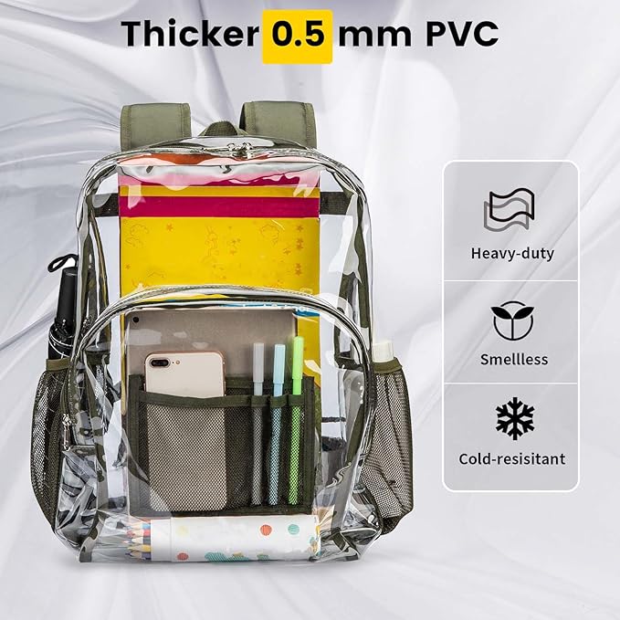 Vorspack Clear Backpack Heavy Duty PVC Transparent Backpack with Reinforced Strap Stitches & Large Capacity for College Workplace Security - Green