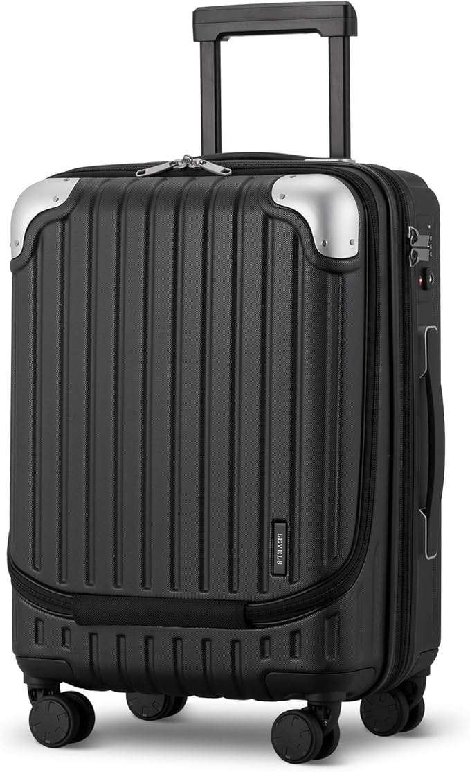 LEVEL8 Lightweight Carry-on Suitcase 20-Inch,Expandable 4 Wheel Hand Luggage, ABS+Poly-Carbonate Hardshell Spinner Trolley for Luggage with Double TSA-Approved Locks, Black, 37*24*55.5CM, Casual and