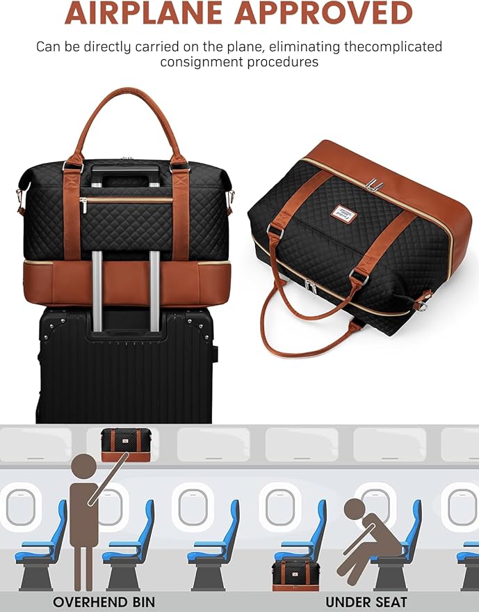 Travel Weekender Duffle Bags for Women: Overnight Bags with Shoe Compartment Large Carry on Weekend Bag with Toiletry & Wet Pocket Tote Duffel Bag Hospital Bag for Women Labor Delivery Black Brown