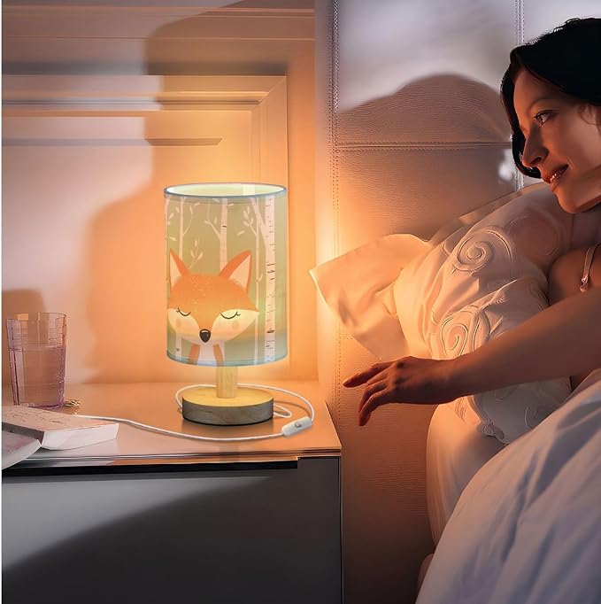 Cute Fox Forest Cartoon Woodland Animal Bedside Table Lamps with USB Port for Bedroom LampSmall Nightstand Lamp Sturdy Linen Shade Wooden Base Decorative Lamps for Nursery Kids Reading Dorm Home