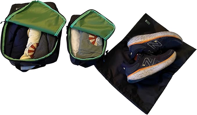 Compression Packing Cubes Travel Organizers plus Laundry or Shoe Bag with YKK Zippers (Black, 3 Piece)