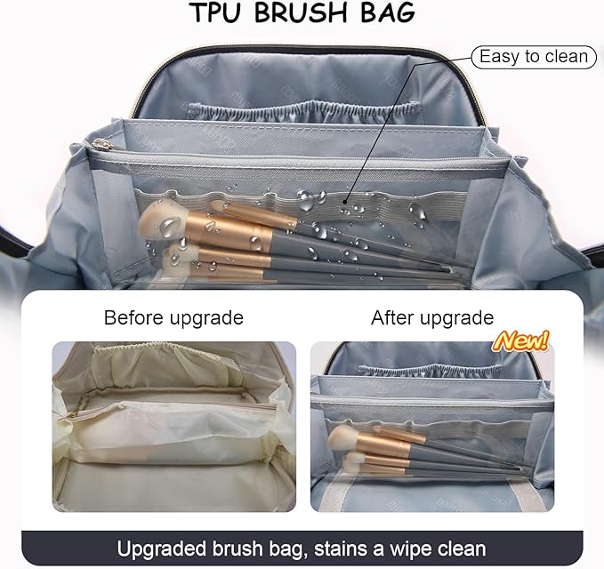 BOYATU Travel Makeup Bag Organizer: 3 Pcs Set Large Capacity Cosmetic Bags Holds 10–20 100ml Full-Size Bottles - 180°Open-Flat Make up Case 3-sec touch-up - Toiletry Bag Gift women (03-A-Dark Blue)