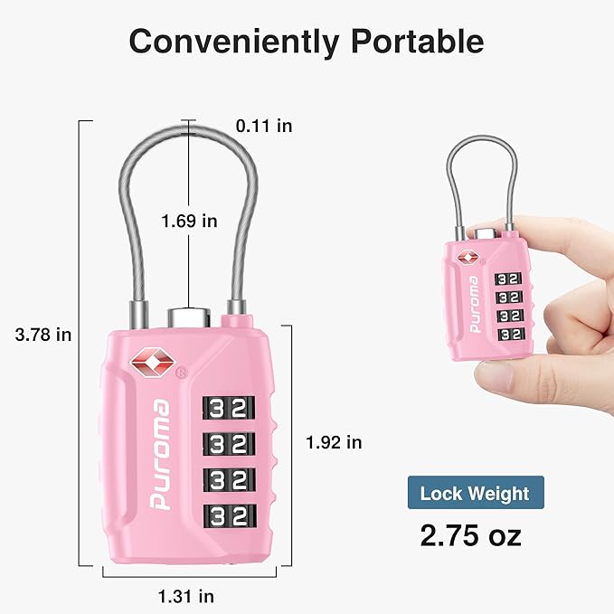 Puroma 2 Pack TSA Approved Luggage Locks, 4 Digit Combination Travel Cable Locks Resettable Code Lock with Zinc Alloy Body for Suitcase, Toolbox, Backpack, Bag, Gym Locker (Basic Pink)