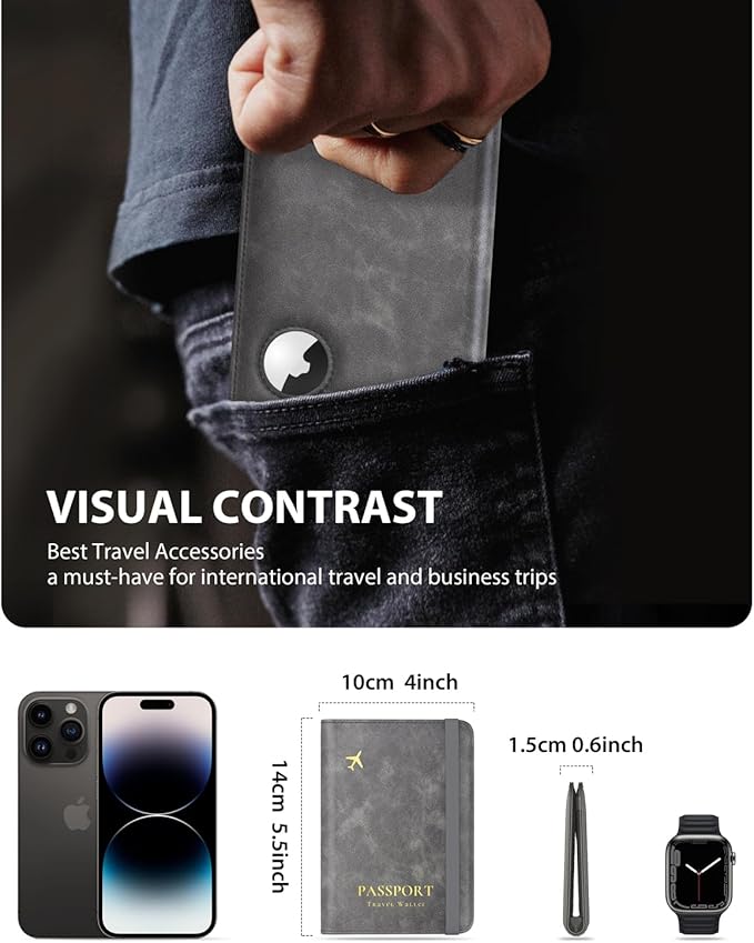 Stouchi AirTag Passport Wallet, Grey, Unisex, Faux Leather, RFID Blocking, Anti-Waterproof