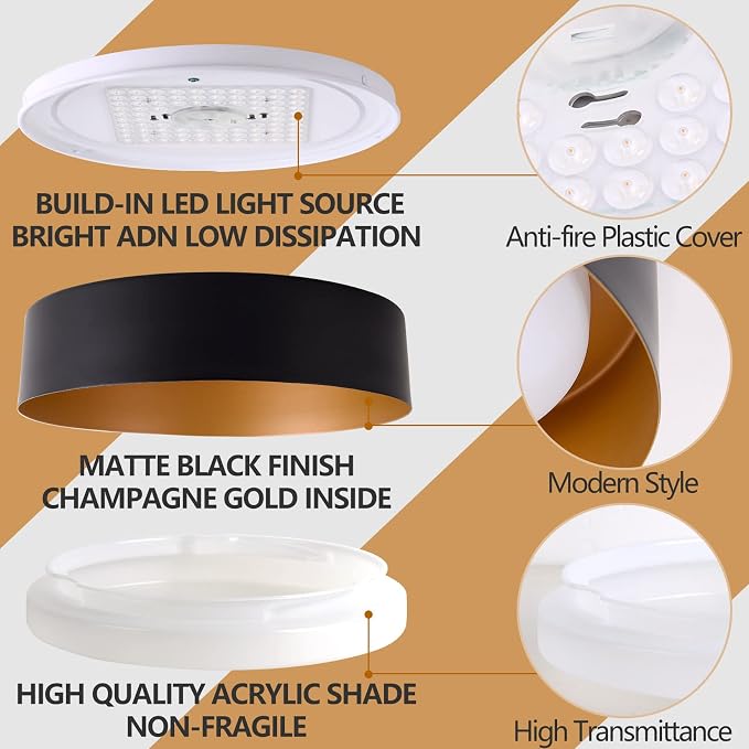 Bargeni 16.5-Inch Flush Mount Ceiling Light,Matte Black with Gold Interior | 30W LED dimmable ceiling light with warm 3000K lighting for bedroom, hallway and foyer spaces