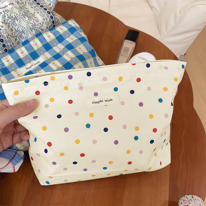 Wudygirl Large Capacity Makeup Bag Travel Cosmetic Bag Cute Makeup Organizer for Women Aesthetic Canvas Makeup Pouch Toiletry Bag Zipper Pencil Pouch (Colorful Dot)